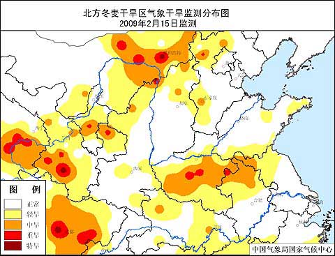 北方冬麦干旱区气象干旱监测分布图(2009年2月15日)