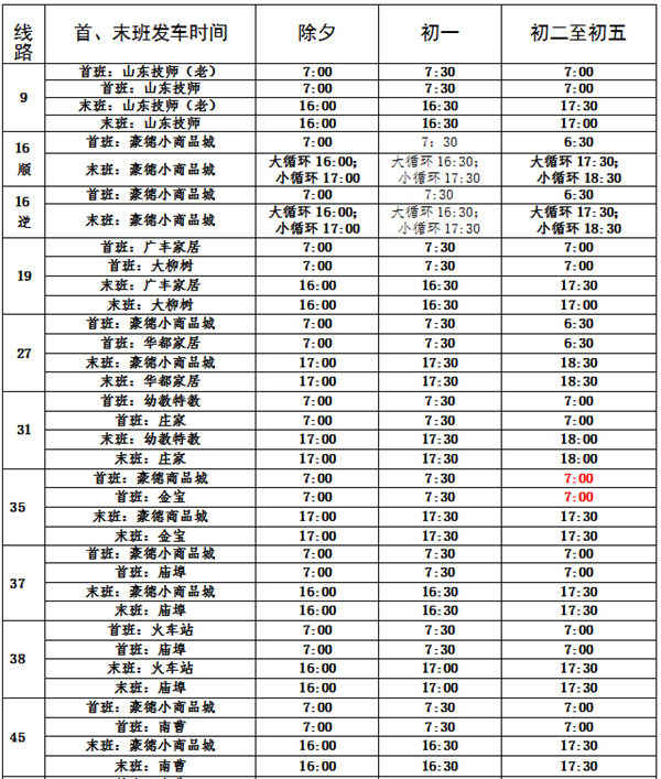 潍坊公交春节首末班时间调整出炉(详细时间表)